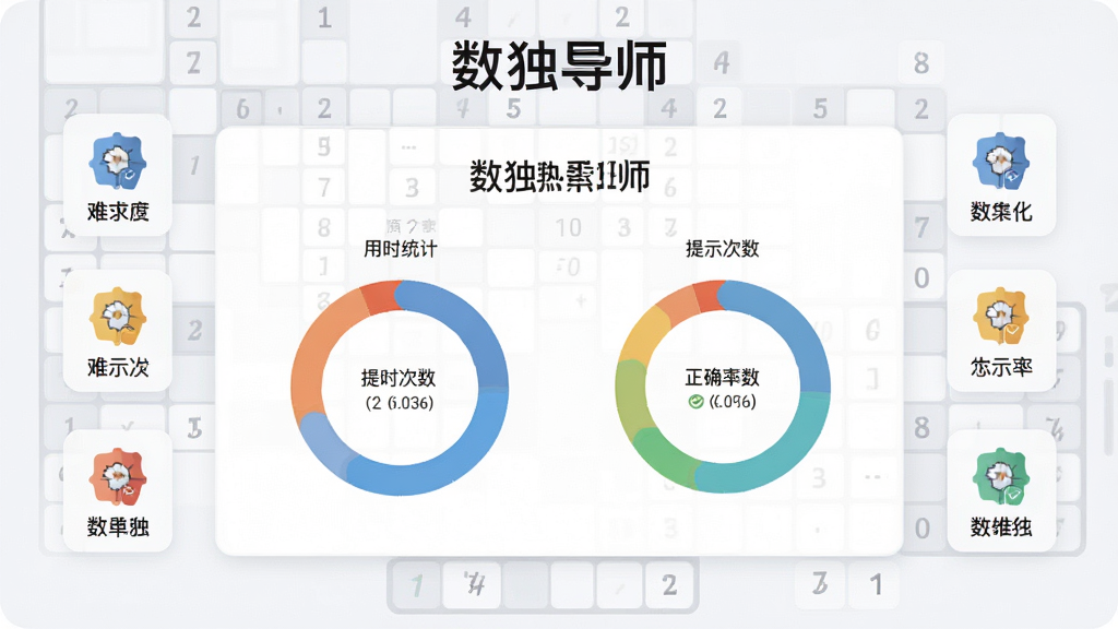 一张软件数据统计界面展示图,画面中央是数独导师的练习报告页面,显示用时统计、提示次数和正确率环形图,周围环绕着几个小图标代表不同难度级别,背景为浅灰白色,风格干净商务,排版居中对称,细节清晰,画质干净无多余元素,图片中带有文字“数独导师”