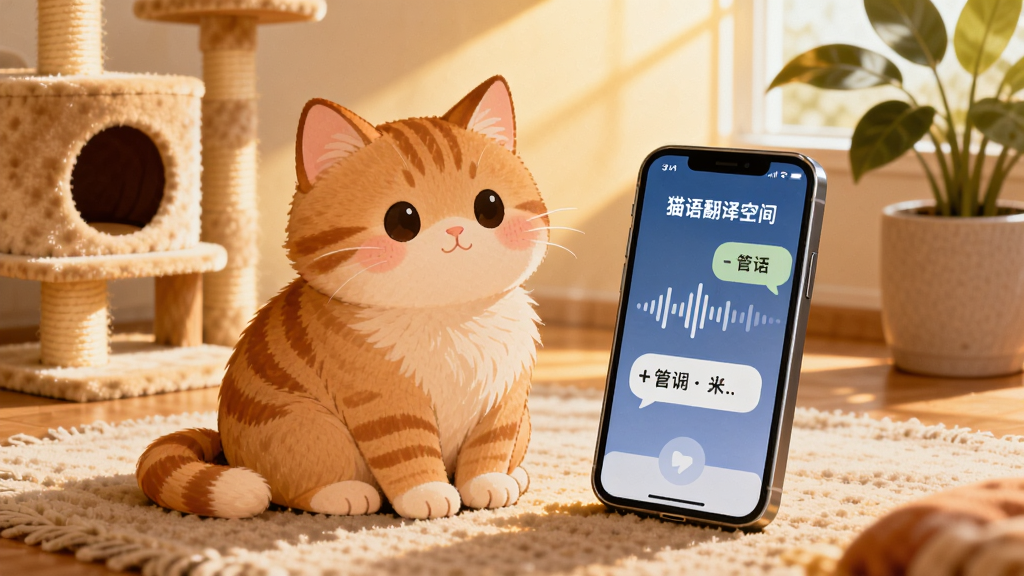 一只可爱的橘猫坐在温馨的客厅地毯上,旁边放着一部智能手机,手机屏幕上显示着“猫语翻译空间”的界面,界面有声音波纹和翻译文字气泡,背景有猫爬架和绿植,布局为猫在左手机在右,排版居中,风格为温馨治愈的插画风,细节有阳光洒落和猫毛质感,画质高清,干净,无多余元素