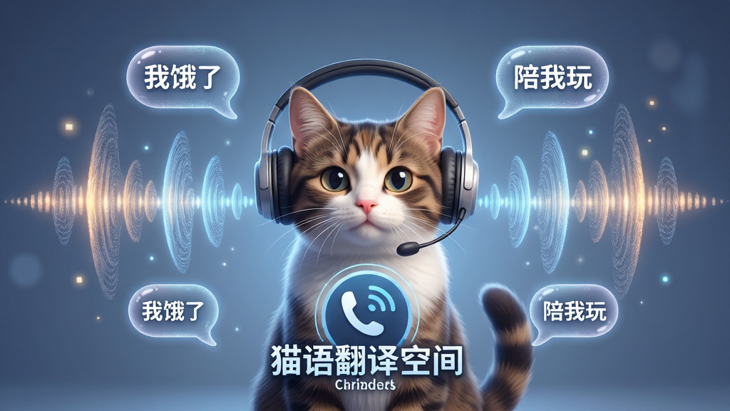 一只戴着耳机的猫咪面前悬浮着声波图形,声波转化为一个个文字气泡,气泡上写着“我饿了”“陪我玩”,画面中央有“猫语翻译空间”的Logo,布局为猫咪居中声波环绕,排版对称,风格为科技感与可爱风结合,细节有声波纹理和光晕效果,画质精美,干净,无多余元素