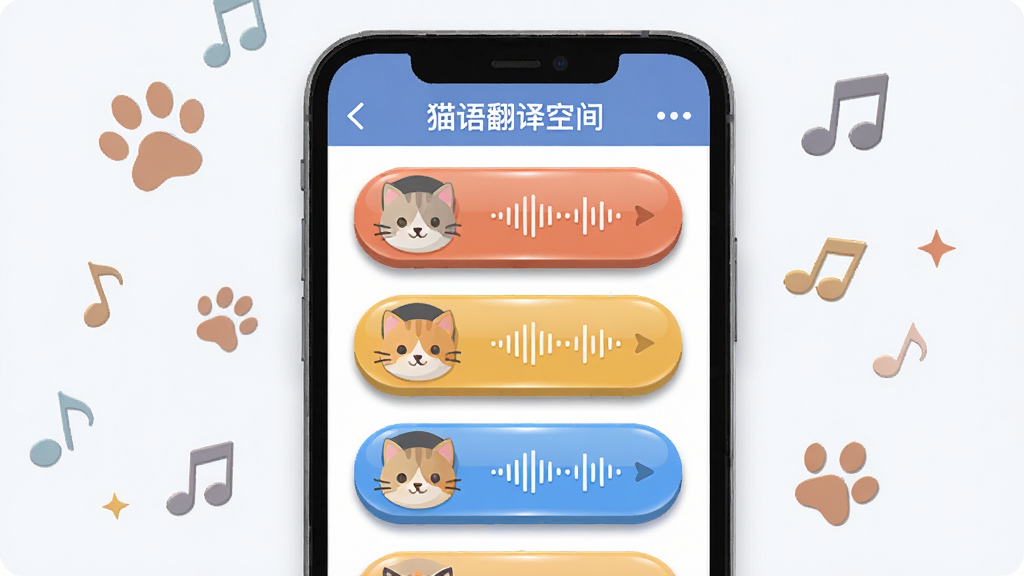 手机屏幕特写展示“猫语翻译空间”的音效库界面,界面上有多个猫咪头像按钮,每个按钮旁边有声音波形图标,手机周围散落着猫爪印和音符元素,布局为手机居中,排版简洁,风格为扁平化UI设计展示,细节有按钮光泽和阴影,画质清晰,干净,无多余元素