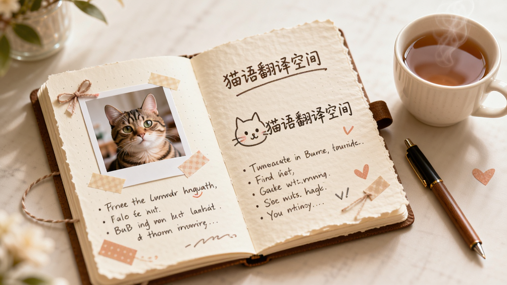 一本打开的猫咪日记本,页面上贴着猫咪照片和翻译文字记录,旁边有一支笔和一杯热茶,日记本封面上印有“猫语翻译空间”字样,布局为日记本居中,排版温馨,风格为手账风格,细节有纸张纹理和手写字体,画质柔和,干净,无多余元素