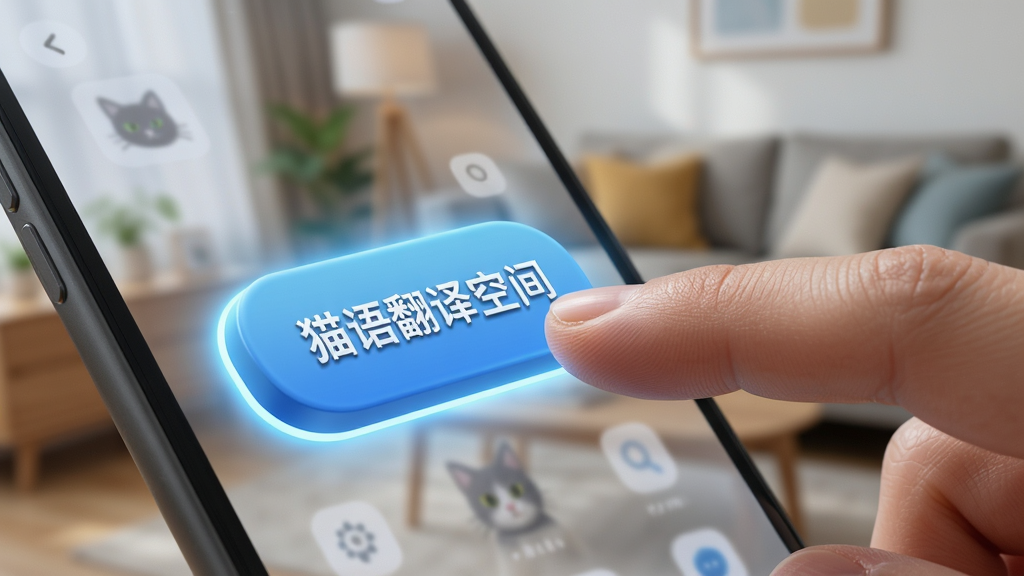 一只手指轻轻点击手机屏幕上的“猫语翻译空间”大按钮,按钮周围有发光效果,背景是模糊的居家环境,布局为手指和手机特写,排版聚焦按钮,风格为现代简约,细节有按钮的立体感和手指的肤色质感,画质高清,干净,无多余元素