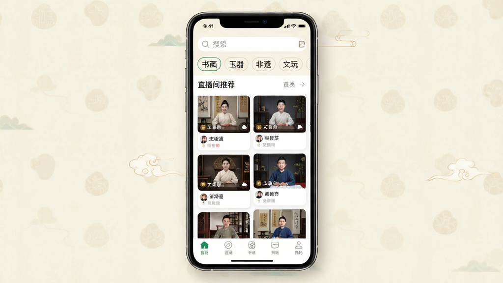��ֱͨApp��ҳ����չʾͼ������Ϊ�ֻ���Ļ���������ֱͨӦ����ҳ�棬ҳ�涥����������������ǩ�����黭�����������š�����ȣ��в�Ϊֱ�����Ƽ���Ƭ�ٲ�����ÿ�ſ�Ƭ��������ͼ���������ƣ��ײ�Ϊ���������������������Ϊ����ǳɫϵUI��ƣ�ϸ�ھ��£����ʸ��壬�ɾ��޶���Ԫ��