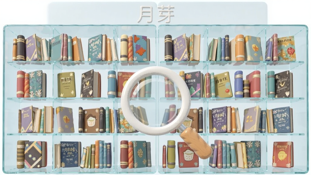 画面主体是一个巨大的透明玻璃书架,书架上整齐排列着各种颜色封面的书籍,书架前方悬浮着一个放大镜图标,代表搜索功能,书架顶部有