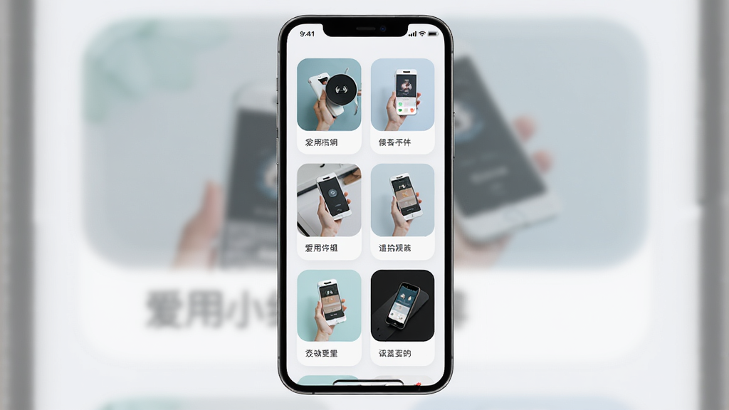 爱用小组件组件模板库界面,主体为手机屏幕展示网格状模板缩略图,布局为三列纵向滚动排列,风格为清新浅色系UI设计,细节上每个模板卡片带有圆角预览图和名称标签,画质高清、画面干净、无多余元素