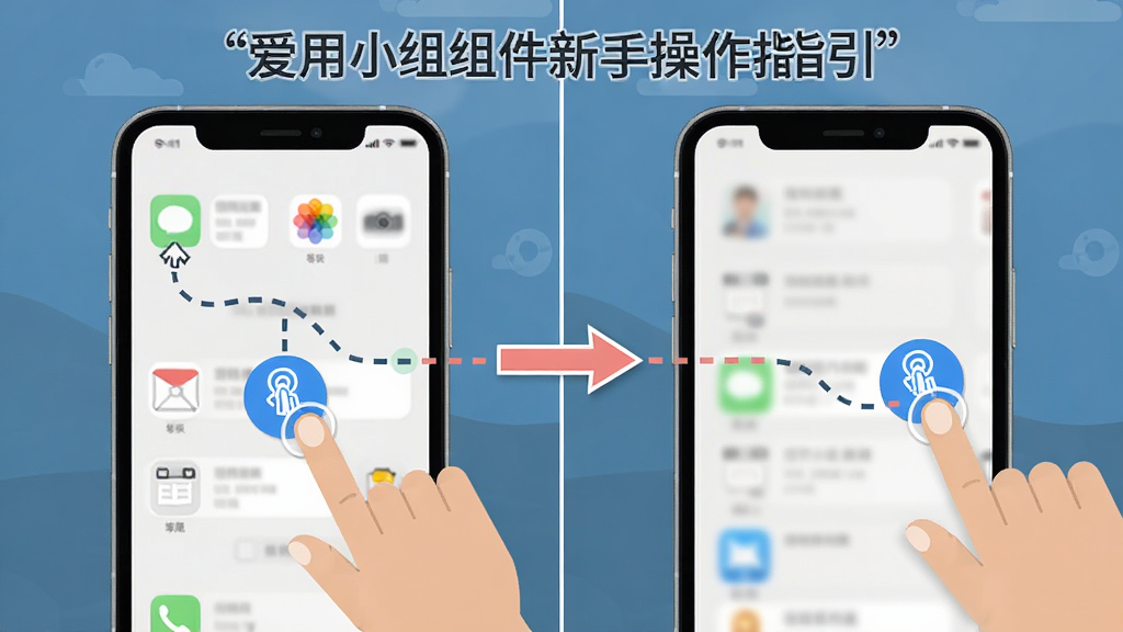 爱用小组件新手操作指引图,主体为手机屏幕截图叠加操作箭头标注,布局为分步展示从桌面长按到添加组件的流程,风格为扁平化教学示意图,细节上包含手指点击图标和虚线引导路径,画质高清、画面干净、无多余元素