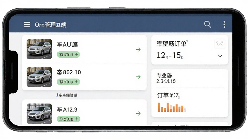 有辆管理端手机界面展示车辆列表与订单卡片,主体为一部安卓手机,布局居中,排版清晰,风格简约商务,细节包含车辆缩略图与状态标签,画质高清,干净,无多余元素