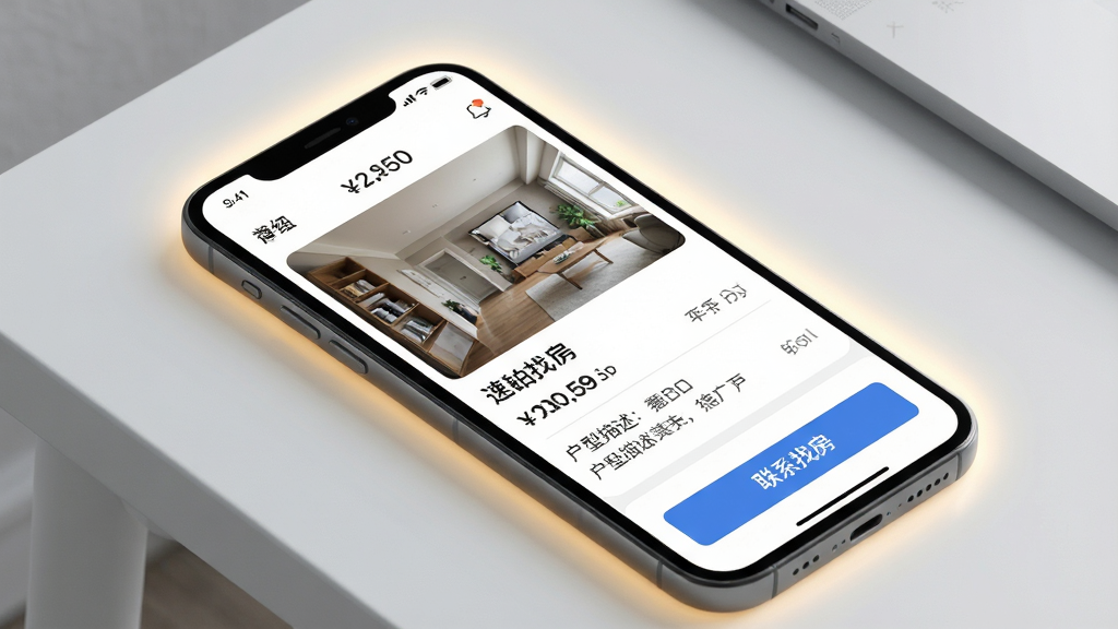 一张展示速铂找房房源详情页面的场景图,画面主体为手机屏幕特写,屏幕内呈现房源实拍图片、价格信息、户型描述和联系按钮,布局采用斜角俯视视角,风格为现代简约风,细节上屏幕周围有柔和光晕,背景为浅灰色桌面,画质高清干净,无多余元素,图片中文字标注“速铂找房”