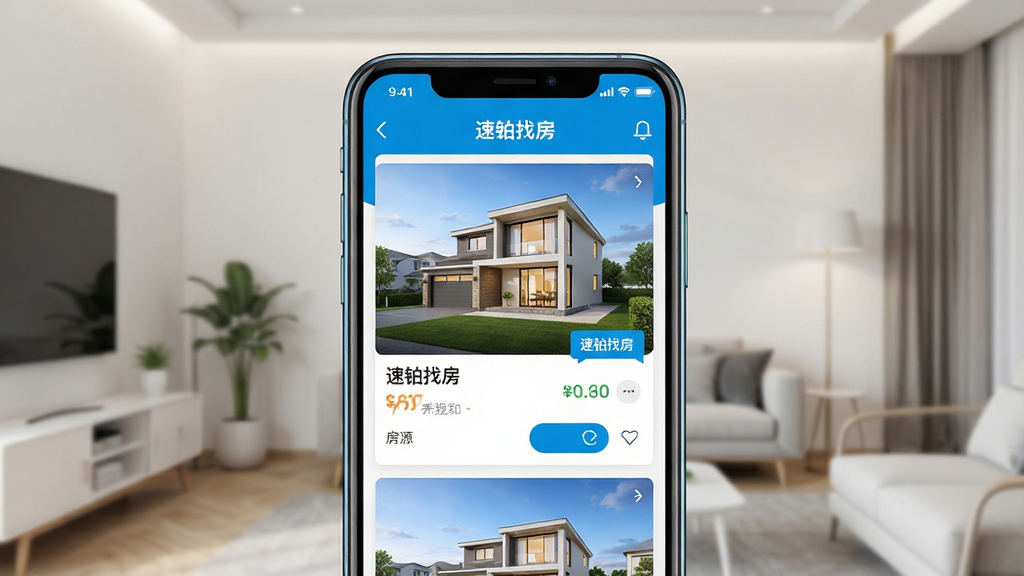 一张手机屏幕展示速铂找房应用主界面的场景图,画面中央是一部现代智能手机,屏幕内显示速铂找房APP的房源列表页面,包含房屋图片、价格标签和筛选按钮,背景为简洁的室内环境,布局采用居中构图,风格为写实科技风,细节上手机边缘有轻微反光,屏幕色彩明亮清晰,画质高清干净,无多余元素,图片中文字标注“速铂找房”