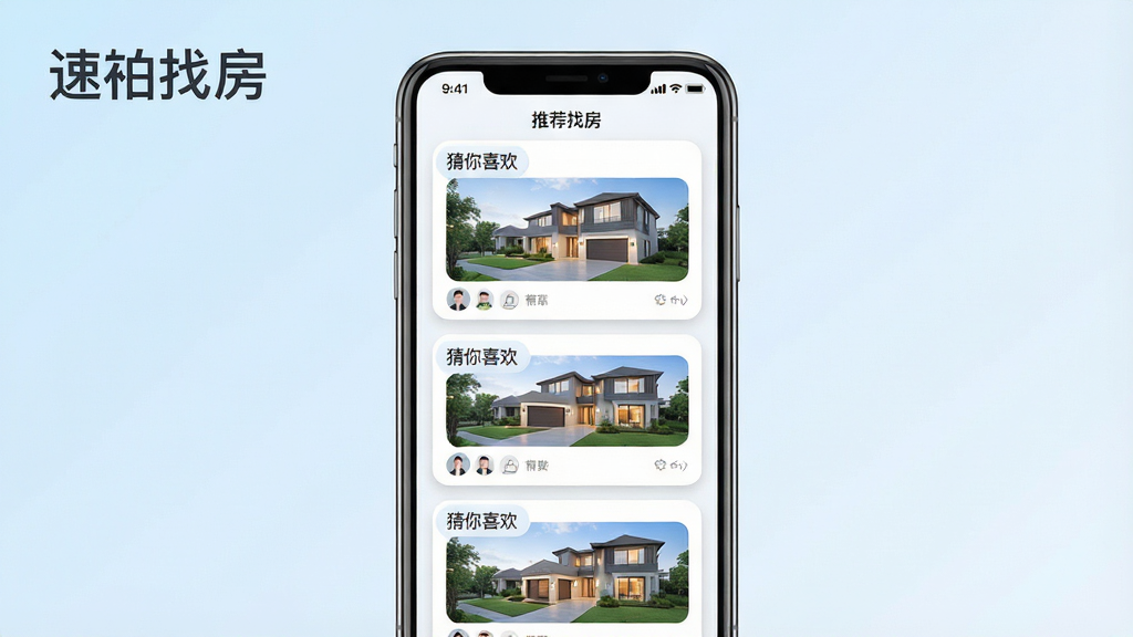 一张展示速铂找房智能推荐功能的场景图,画面主体为手机屏幕显示推荐房源卡片列表,卡片上带有“猜你喜欢”标签和房源缩略图,布局采用竖向排列,风格为清新浅色风,细节上卡片有轻微阴影和圆角,背景为淡蓝色渐变,画质高清干净,无多余元素,图片中文字标注“速铂找房”