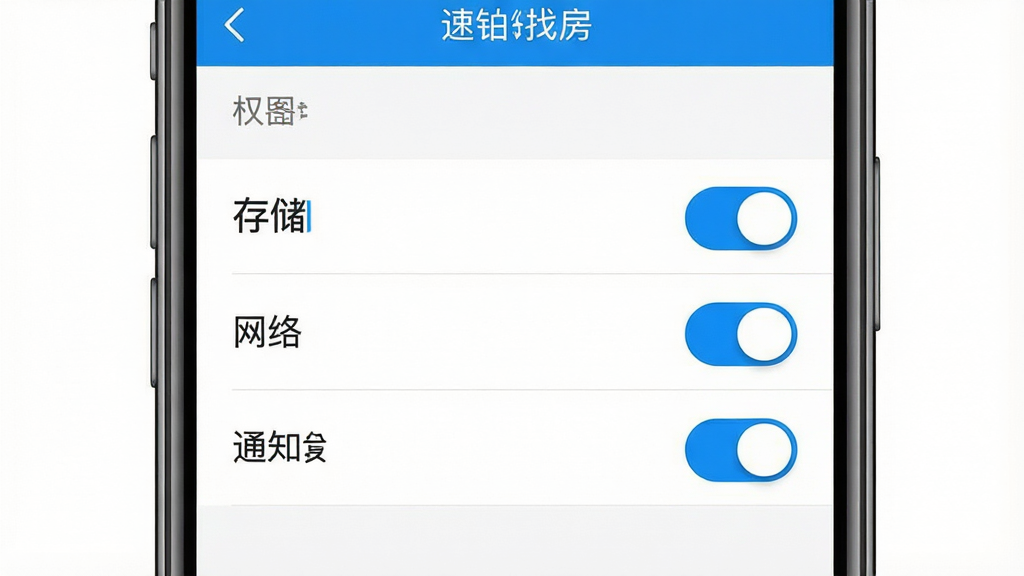 一张展示手机权限设置界面的场景图,画面主体为手机屏幕显示应用权限管理页面,包含存储、网络、通知等权限开关,布局采用正面平视视角,风格为扁平化设计风,细节上开关按钮有蓝色高亮,背景为纯白色,画质高清干净,无多余元素,图片中文字标注“速铂找房”