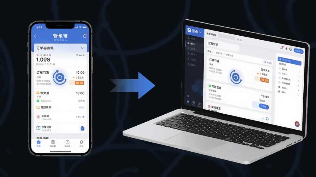 一张表现管单宝多端协同操作的生图,画面左侧为一部手机显示管单宝移动端界面,右侧为一台笔记本电脑显示管单宝电脑端界面,两者之间有同步箭头连接,布局为左右并列结构,风格为科技感商务插画风格,细节上突出设备屏幕内的订单数据和同步图标,画质清晰,干净,无多余元素