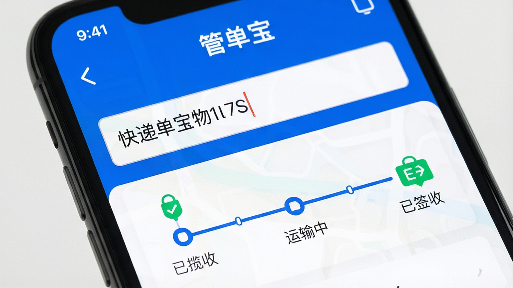 一张展示管单宝物流单号查询功能的生图,画面为手机屏幕特写,屏幕内显示管单宝查询页面,输入框中有快递单号,下方展示物流轨迹时间轴,包含“已揽收”“运输中”“已签收”等节点,布局为上下结构,风格为简洁的移动应用界面风格,细节上突出时间轴线条和状态图标,画质清晰,干净,无多余元素