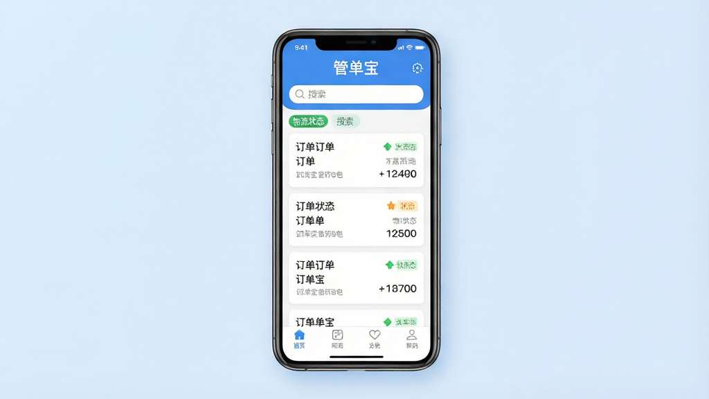 一张展示管单宝软件核心界面的手机应用场景图,画面中央是一部竖屏智能手机,屏幕内显示管单宝订单管理主界面,上方有“管单宝”文字标识,界面中包含订单列表、物流状态标签和底部导航栏,手机周围以简洁的浅蓝色渐变背景衬托,布局居中对称,风格为现代扁平化UI展示风格,细节上突出订单卡片、状态图标和搜索框,画质清晰干净,无多余元素