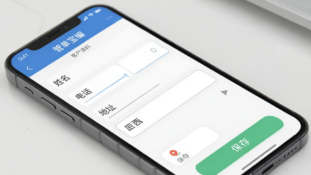 一张表现管单宝客户信息维护功能的生图,画面主体为手机屏幕,屏幕内展示管单宝的客户资料编辑界面,包含姓名、电话、地址等输入框,旁边有历史订单记录入口,布局为表单式排列,风格为现代移动端应用界面风格,细节上突出输入框和保存按钮,画质清晰,干净,无多余元素