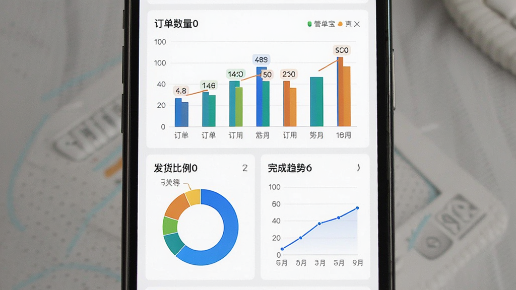 一张展示管单宝数据统计概览功能的生图,画面为手机屏幕,屏幕内显示管单宝的数据统计页面,包含订单数量柱状图、发货比例环形图和完成趋势折线图,布局为上下分块排列,风格为简洁的数据可视化界面风格,细节上突出图表颜色和数值标签,画质清晰,干净,无多余元素
