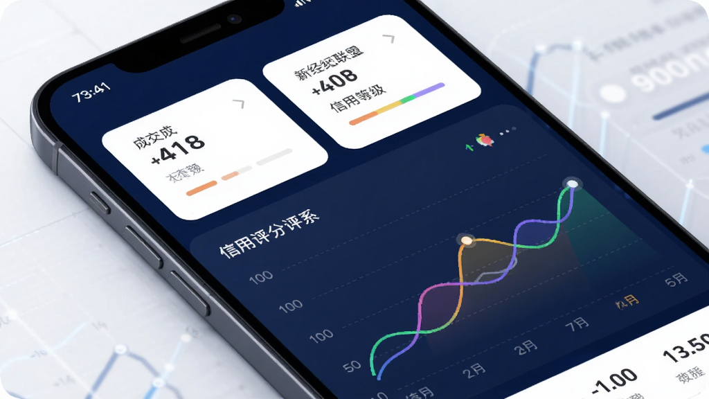 新经纪联盟数据看板与信用体系界面,主体是手机屏幕展示数据图表和信用评分,布局为上方数据卡片下方折线图,排版清晰展示成交趋势和信用等级,风格为科技商务风,细节包括深蓝背景、白色数字、彩色图表,画质高清,干净,无多余元素