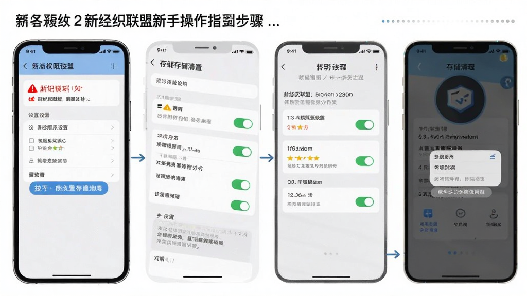 新经纪联盟新手操作指引界面,主体是手机屏幕展示权限设置和存储清理步骤,布局为分步截图排列,排版展示设置菜单和开关按钮,风格为清爽教程风,细节包括红色警示标识、蓝色技巧标签、灰色提示文字,画质高清,干净,无多余元素