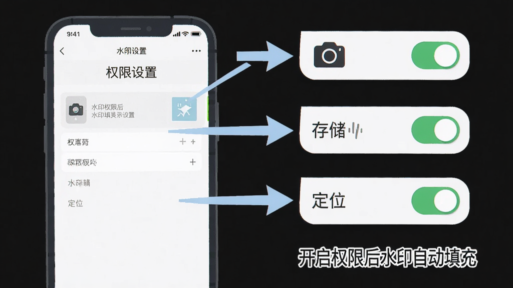 水印相机拍图使用指南示意图,画面中一部手机展示权限设置界面,旁边有箭头指向相机、存储、定位三个权限开关,下方有文字标注“开启权限后水印自动填充”,整体风格为扁平化教学图示,画质清晰,无多余元素