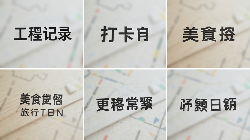 水印相机拍图多场景水印模板展示,画面分为多个小格子,每个格子展示一种水印样式,包括工程记录、打卡签到、美食标签、旅行日期等,水印文字清晰可辨,整体排版整齐,风格统一为清新简洁,画质干净,无多余元素