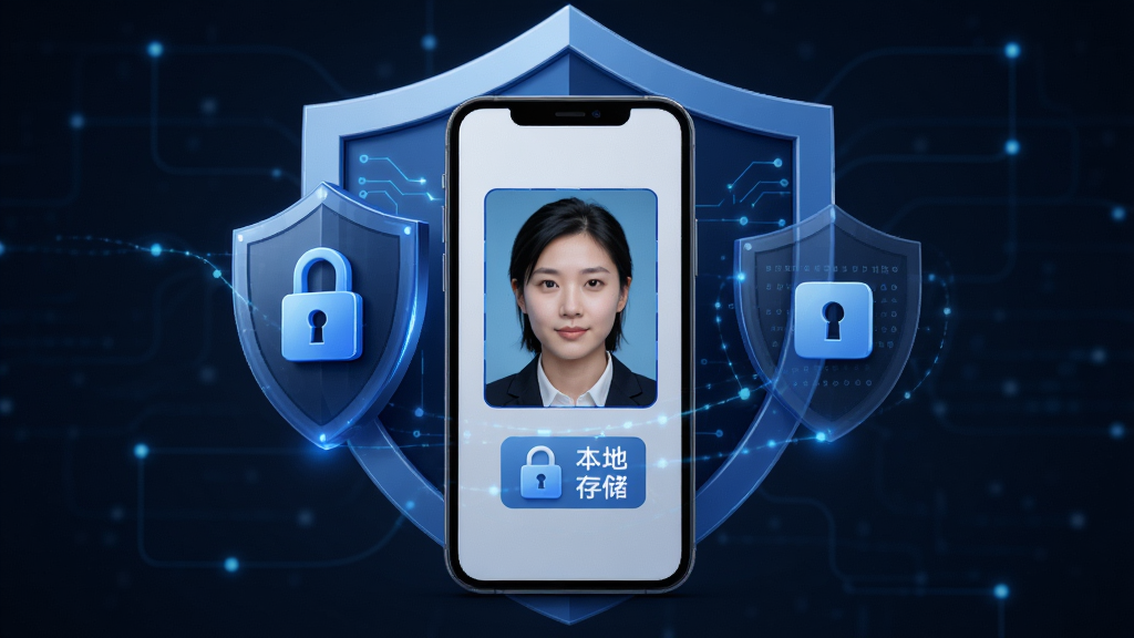电子证件照查存本地安全存储功能示意图,主体为手机与盾牌图标组合,布局为手机居中盾牌环绕,排版简洁,风格为安全科技风,细节包括加密锁图标、本地存储标识、隐私保护字样,画质高清,画面干净,无多余元素