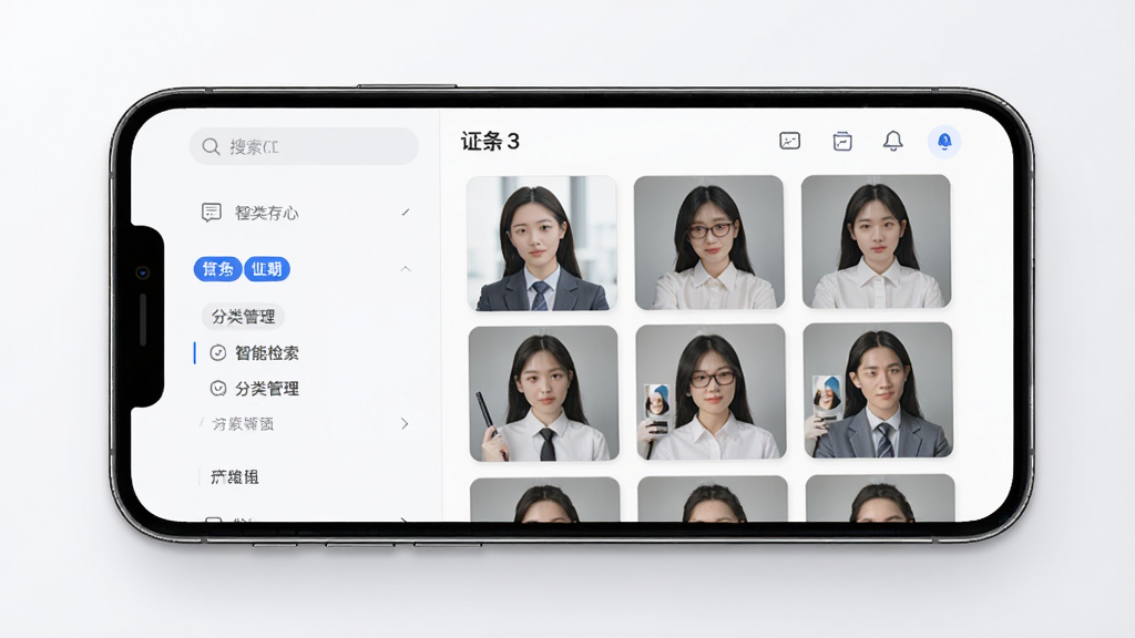 电子证件照查存智能检索与分类管理功能界面,主体为一部手机展示分类管理页面,布局为左侧分类导航栏右侧照片网格,排版清晰,风格为现代简约科技风,细节包括搜索框、分类标签、缩略图预览,画质高清,画面干净,无多余元素