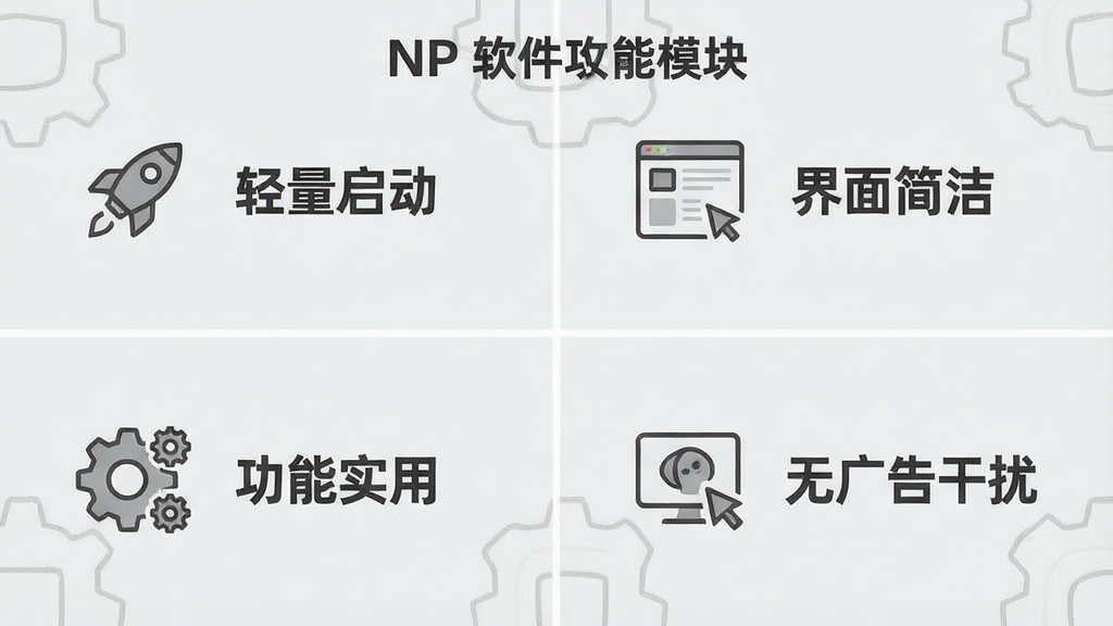 一张展示“NP”软件功能模块的示意图,画面分为四个区域,分别标注“轻量启动”“界面简洁”“功能实用”“无广告干扰”,每个区域配有简洁图标,整体风格统一,浅灰背景,排版整齐,画质清晰,干净无多余元素
