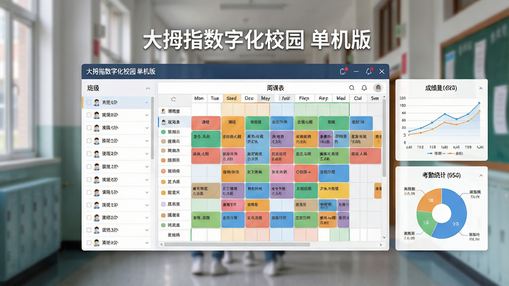 一张展示教务管理流程的图片,画面中央是“大拇指数字化校园 单机版”的排课界面,左侧显示班级列表,右侧是周课表网格,不同课程用彩色方块区分,旁边有成绩曲线图和考勤统计饼图,背景是学校走廊的虚化影像,风格为现代UI展示图,细节包括课程名称文字、图表数据,画质清晰干净,无多余元素