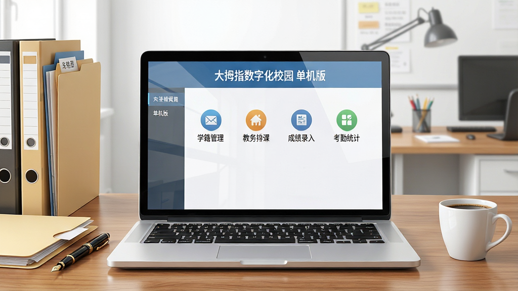 一张展示数字化校园管理软件界面的图片,画面中央是一台打开的笔记本电脑,屏幕上清晰显示“大拇指数字化校园 单机版”的主菜单,包含学籍管理、教务排课、成绩录入、考勤统计等模块图标,电脑周围整齐摆放着文件夹、钢笔和一杯咖啡,背景是明亮整洁的教师办公室,风格为写实商务插画,细节包括屏幕反光、桌面木纹和文件标签,画质清晰干净,无多余元素