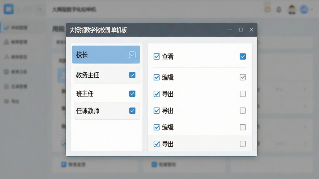 一张展示权限管理界面的图片,画面中央是“大拇指数字化校园 单机版”的用户角色设置窗口,左侧列出校长、教务主任、班主任、任课教师等角色,右侧是权限勾选框,包括查看、编辑、导出等选项,背景是简洁的灰色渐变,风格为扁平化管理后台截图,细节包括角色名称文字、勾选状态,画质清晰干净,无多余元素