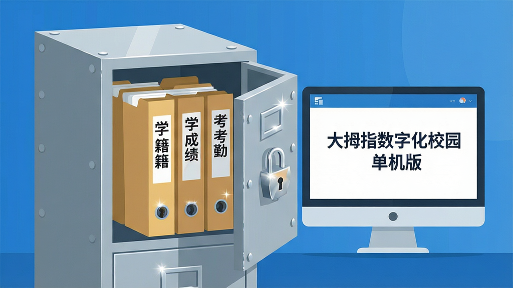 一张表现数据安全存储的图片,画面主体是一个带锁的金属文件柜,柜门半开,里面整齐排列着标注“学籍”“成绩”“考勤”的文件夹,柜子旁边有一台显示“大拇指数字化校园 单机版”界面的电脑,背景是简洁的蓝色调,风格为扁平化科技插画,细节包括锁孔高光、文件夹标签文字,画质清晰干净,无多余元素