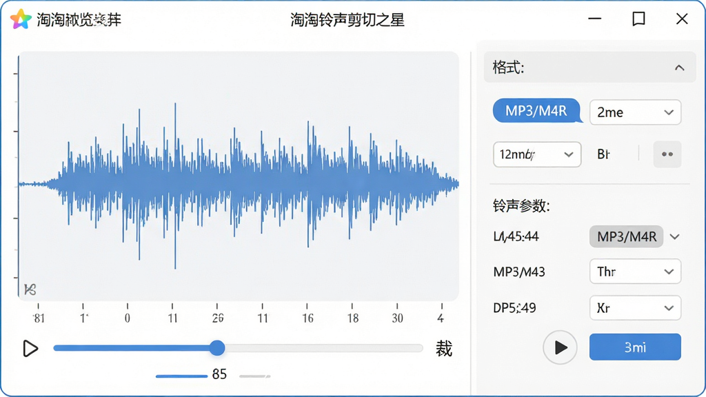 一张软件主界面的整体预览图,画面中央是“淘淘铃声剪切之星”软件窗口,左侧显示音频波形和裁剪进度条,右侧是格式选择与铃声参数设置面板,整体布局清晰,排版简洁,风格为现代扁平化科技风,细节包括播放按钮、时间刻度、MP3/M4R格式标签,画质高清,干净,无多余元素
