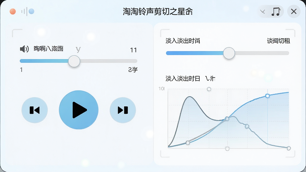 一张“淘淘铃声剪切之星”试听与淡入淡出设置面板的界面图,画面左侧是播放控制按钮,右侧是淡入淡出时长滑块,布局为左右分栏,风格为浅色清爽UI,细节包括音量条、播放进度、淡入淡出曲线示意,画质高清,干净,无多余元素
