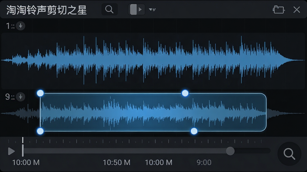 一张“淘淘铃声剪切之星”精准裁剪功能的界面截图风格图片,画面主体是音频波形图,上面有两个可拖动的裁剪标记,标记之间高亮显示选中的铃声片段,布局为上下结构,上方是波形,下方是时间轴,风格为深色专业音频软件风,细节包括毫秒级时间显示、放大镜图标,画质清晰,干净,无多余元素