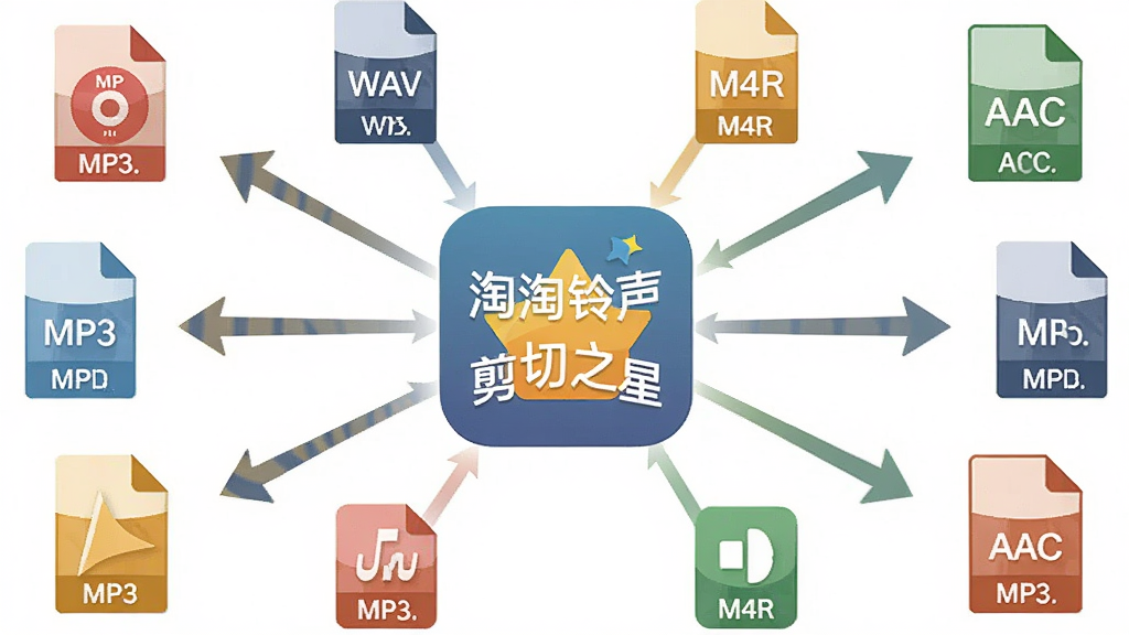 一张展示“淘淘铃声剪切之星”格式转换功能的示意图,画面中央是软件图标,周围环绕着MP3、WAV、M4R、AAC等格式图标,布局为放射状,风格为扁平化图标设计,细节包括格式名称标签、转换箭头,画质干净,无多余元素
