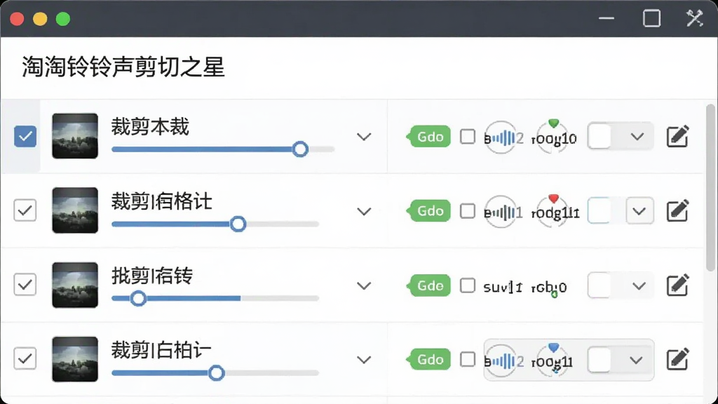 一张“淘淘铃声剪切之星”批量处理界面的示意图,画面中显示多个音频文件列表,每个文件后面有裁剪状态和格式选项,布局为列表式,风格为商务简约风,细节包括复选框、进度条、标签编辑图标,画质清晰,干净,无多余元素