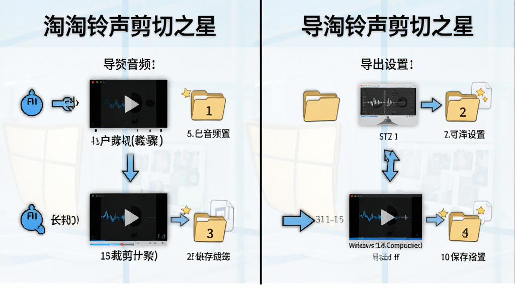 一张“淘淘铃声剪切之星”在Windows电脑上的操作流程图,画面分为左右两部分,左侧显示导入音频和裁剪步骤,右侧显示导出设置和保存路径,布局为流程图式,风格为简洁教程风,细节包括步骤编号、箭头指引、文件夹图标,画质高清,干净,无多余元素
