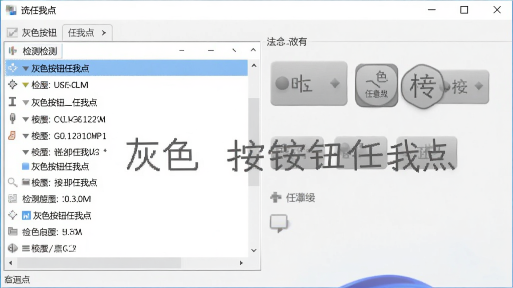 一张展示灰色按钮任我点软件主界面的图片,画面中央是软件窗口,左侧显示检测到的窗口列表,右侧展示按钮状态信息,界面简洁清晰,风格为现代Windows应用风格,画质干净无多余元素,图片中带有文字