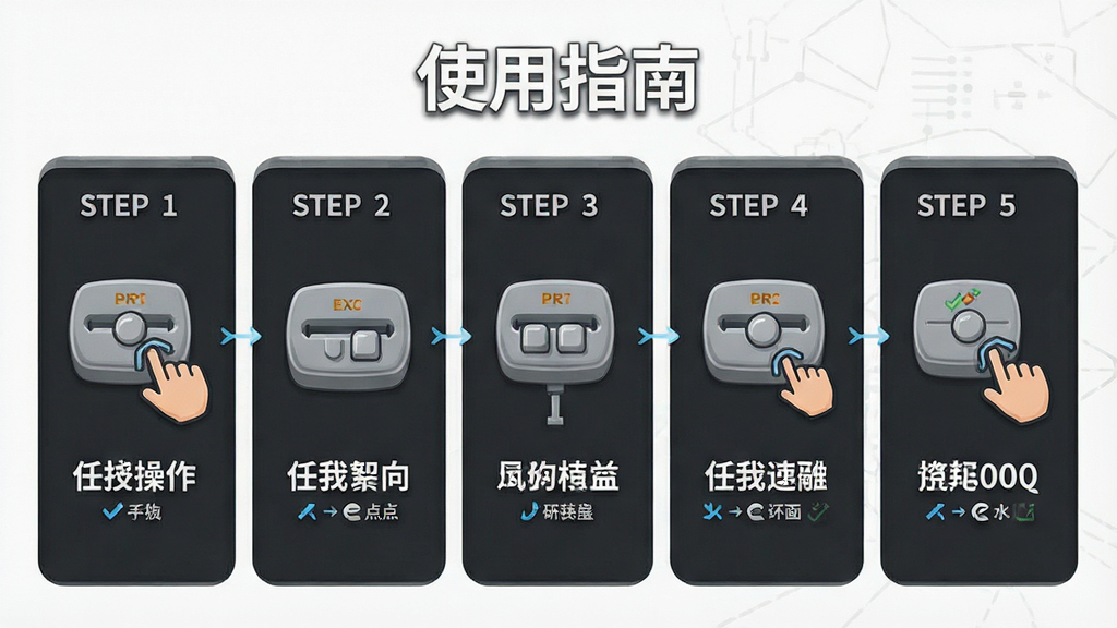 一张展示灰色按钮任我点操作流程的示意图,画面分为五个步骤,每个步骤用图标和简短文字说明,风格为信息图表风格,布局清晰,画质干净,图片中带有文字