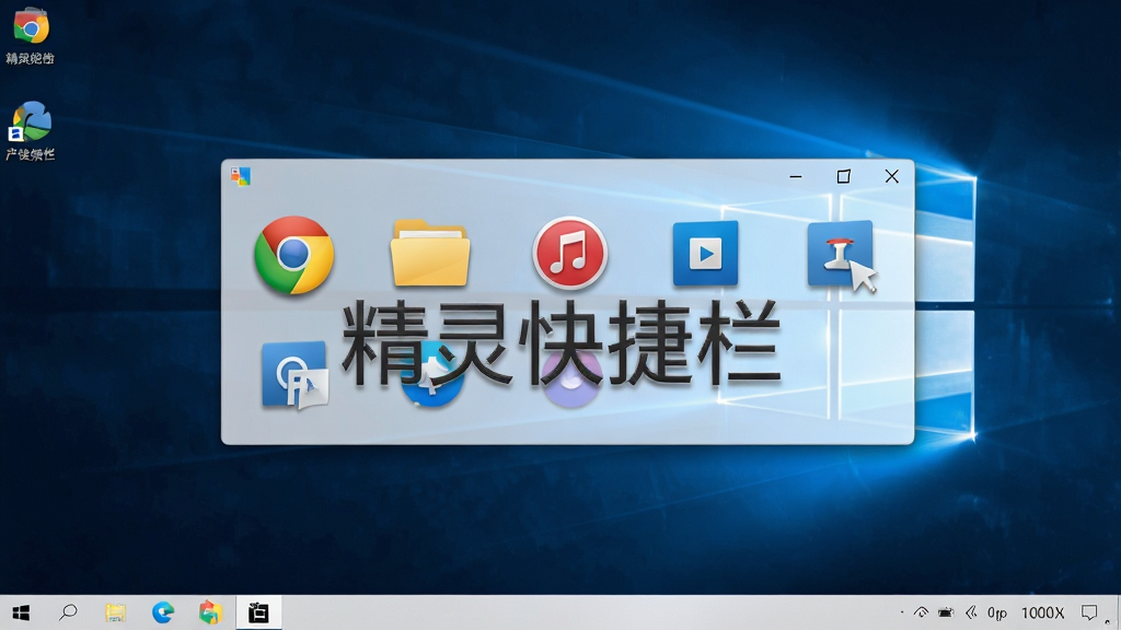 软件主界面全景展示,画面中央是一个半透明浮动快捷栏窗口,栏内整齐排列着多个常用软件图标如浏览器、文件夹、音乐播放器等,背景是干净的Windows桌面,整体布局清晰,排版采用居中构图,风格为现代简约科技风,细节上图标带有轻微阴影和悬浮效果,画质为高清1080p,画面干净无多余元素,图片中标注文字“精灵快捷栏”