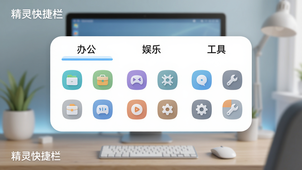 AI生成图片,主体是一个电脑桌面,桌面上有一个圆角矩形的浮动快捷栏,栏内分为“办公”“娱乐”“工具”三个标签页,每个标签页下排列着对应的图标,布局为横向排版,风格为扁平化清新设计,细节上标签页带有淡蓝色高亮下划线,图标圆润统一,画质为超清2K,画面干净无多余元素,图片中标注文字“精灵快捷栏”