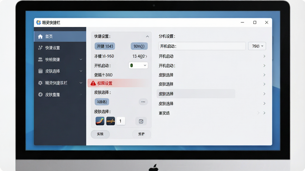 AI生成图片,主体是一个电脑屏幕显示精灵快捷栏的设置面板,面板中包含快捷键设置、开机启动、皮肤选择等选项,布局为左右两栏,左侧为菜单导航,右侧为具体设置项,风格为浅色商务风,细节上有一个红色警示图标标注“权限设置”,画质为高清,画面干净无多余元素,图片中标注文字“精灵快捷栏”
