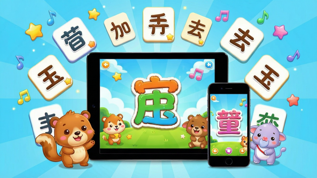 童宝幼儿动画识字软件主界面全景展示,画面中央放置一台平板电脑和一部手机,屏幕中呈现色彩鲜艳的卡通汉字动画场景,周围环绕可爱的小动物角色和汉字卡片,布局采用中心辐射式排版,风格为明亮活泼的儿童插画风,细节包括圆润的汉字笔画、飘浮的星星和音符元素,画质高清干净,无多余杂乱元素
