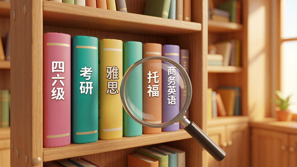 云影单词多维度词库界面截图风格图,画面展示一个虚拟的书架,书架上排列着不同颜色的词汇书,书脊上分别写着四六级、考研、雅思、托福、商务英语等字样,书架前方有一个放大镜正在查看其中一本书,背景是温馨的木质书房,风格清新明亮,画质精细,无杂乱元素