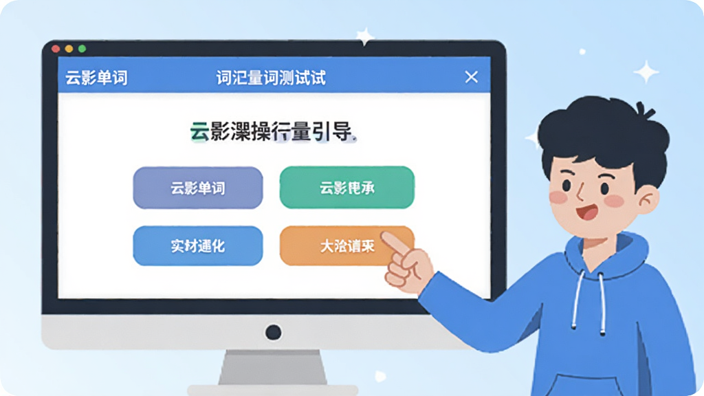 云影单词新手操作引导界面示意图,画面展示一个电脑屏幕,屏幕上显示云影单词的词汇量测试页面,有四个选项按钮,屏幕旁边有一个卡通人物手指着屏幕,背景是淡蓝色渐变,风格扁平化插画,画质清晰,无杂乱元素
