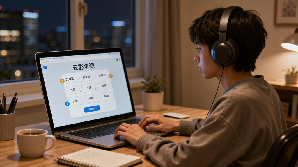 云影单词沉浸式学习场景图,画面中一个年轻人坐在书桌前戴着耳机使用电脑学习,电脑屏幕上显示云影单词的拼写填空界面,桌面上有一杯咖啡和一本笔记本,窗外是夜晚城市灯光,室内灯光温暖柔和,风格写实生活化,画质高清,无多余装饰