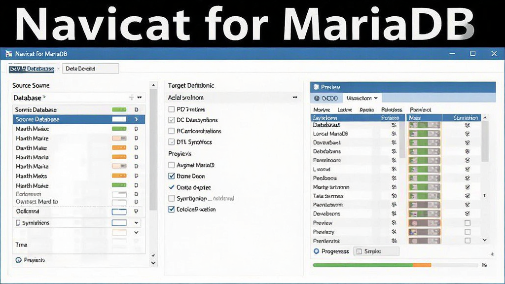 一张展示 Navicat for MariaDB 数据同步功能的图片,主体是数据同步向导界面,布局包含源数据库与目标数据库的选择、同步选项、预览窗口,风格为专业科技感,细节有对比列表、勾选框、进度条,画质高清,画面干净,无多余元素,图片中可包含文字