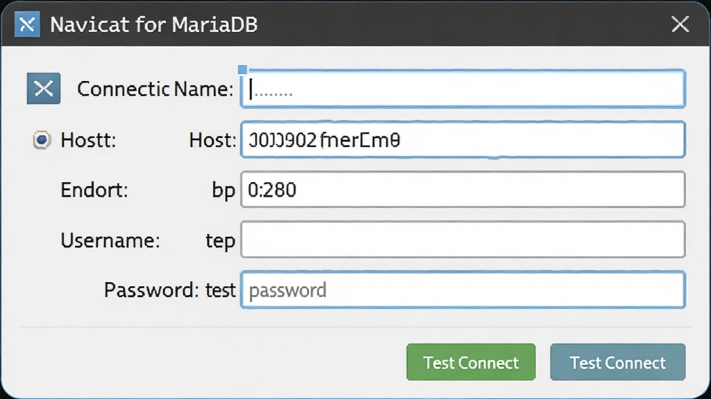 一张展示 Navicat for MariaDB 连接设置界面的图片,主体是新建连接对话框,布局包含连接名、主机、端口、用户名、密码输入框,以及测试连接按钮,风格为现代软件界面,细节有图标、输入框、按钮,画质高清,画面干净,无多余元素,图片中可包含文字