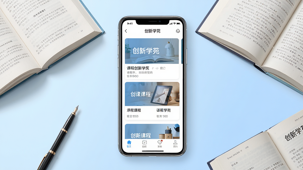 一张展示创新学苑手机应用界面的场景图,画面中央是一部竖屏智能手机,屏幕上显示创新学苑APP的首页课程列表,包含多个课程卡片和底部导航栏,手机周围散落着几本翻开的书籍和一支笔,背景是柔和的浅蓝色渐变,整体风格清新现代,画质清晰,干净无多余元素,图片中文字标注“创新学苑”