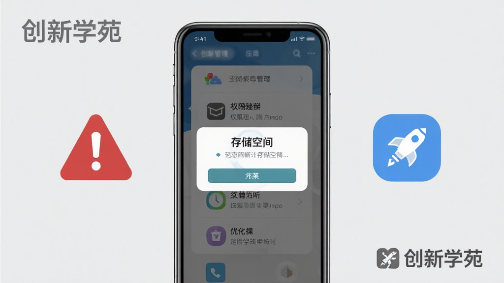 一张展示创新学苑移动端使用注意事项的示意图,画面主体是一部手机,屏幕上显示权限管理弹窗和存储空间提示,手机旁边有红色的警示图标和蓝色的优化图标,背景为浅灰色,风格简洁商务,画质清晰,图片中带有“创新学苑”文字,干净无多余元素